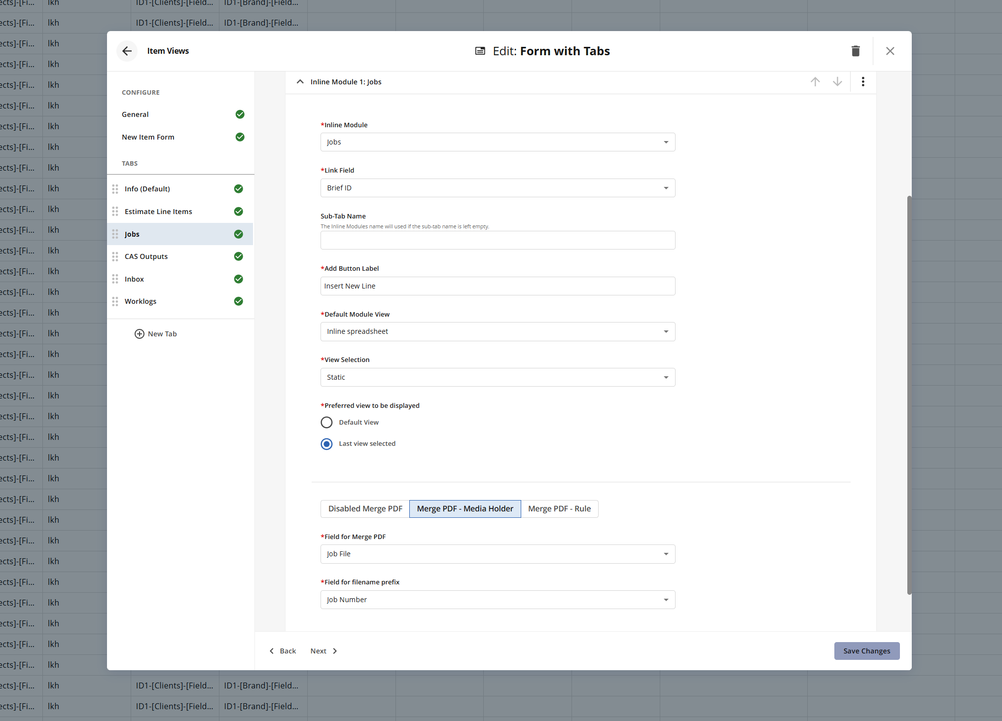 Editing form settings with options for modules, views, and PDF merging features.